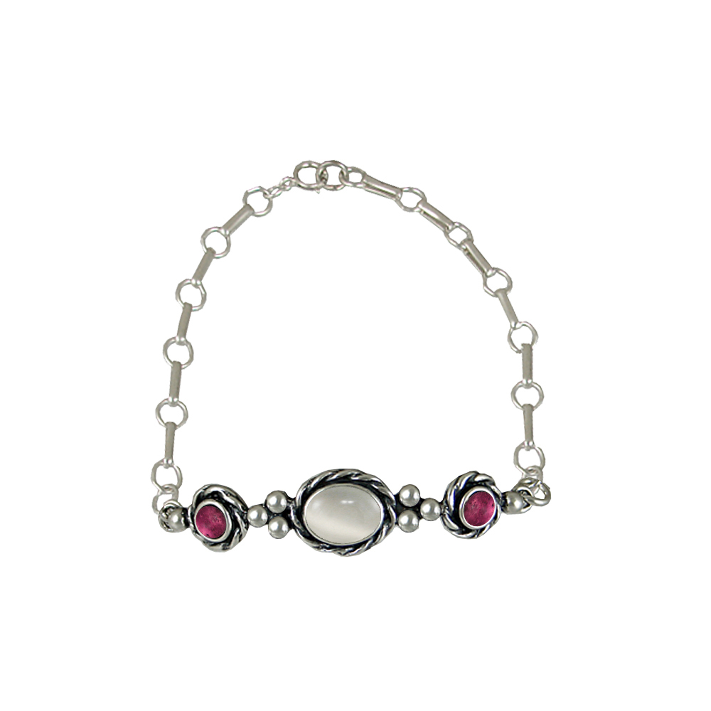 Sterling Silver Gemstone Adjustable Chain Bracelet With White Moonstone And Pink Tourmaline